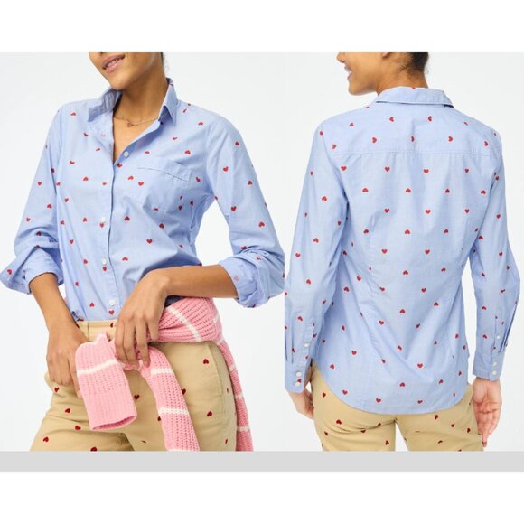 J. Crew Blue Button Down Shirt with Red Hearts - Picture 1 of 13